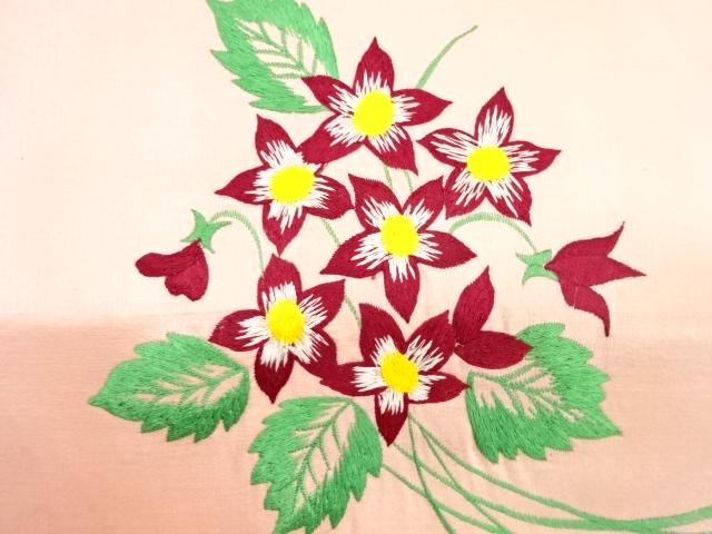 アンティーク　繻子地　花模様　刺繍　名古屋帯